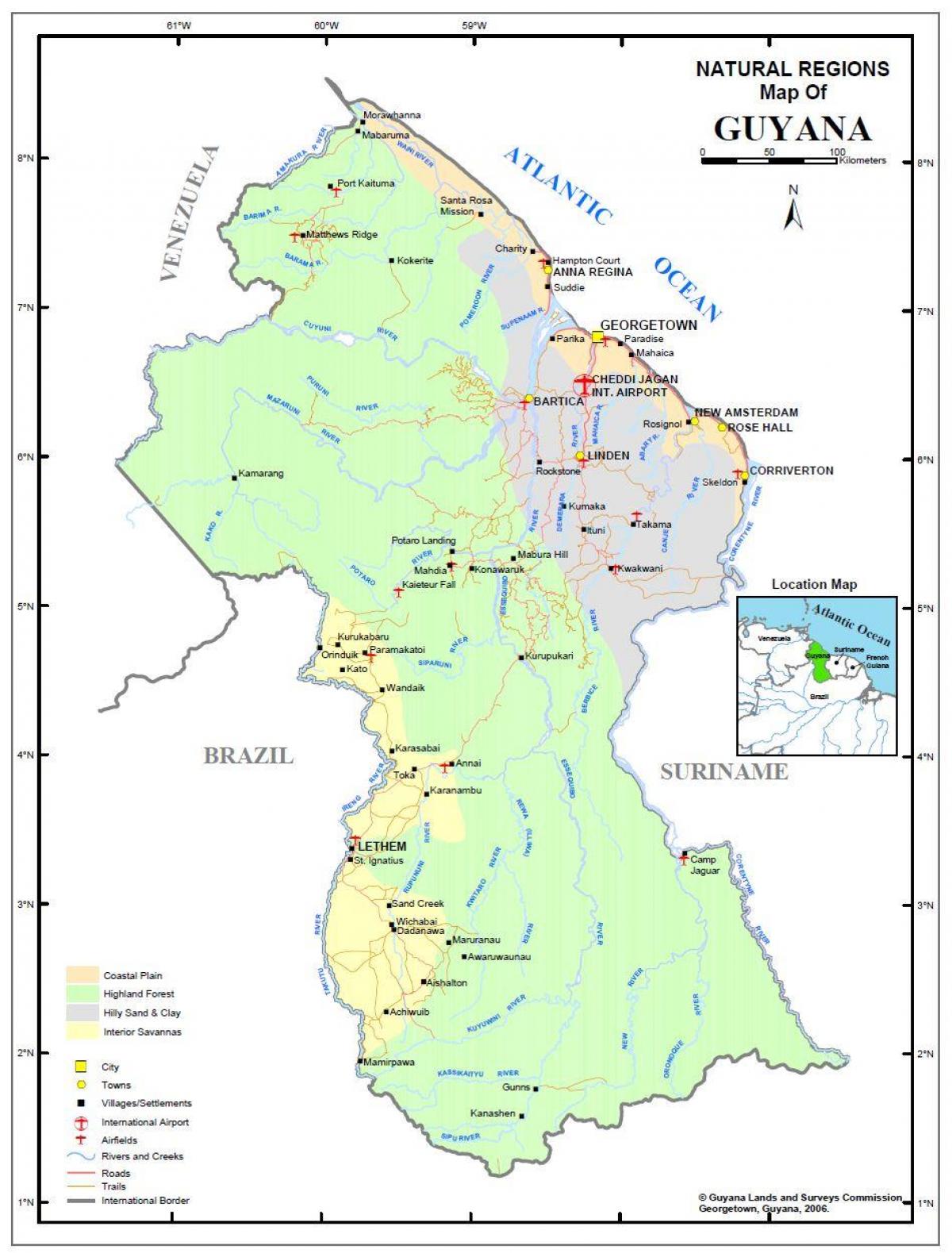 mapa de Guyana mostrando las 4 regiones naturales