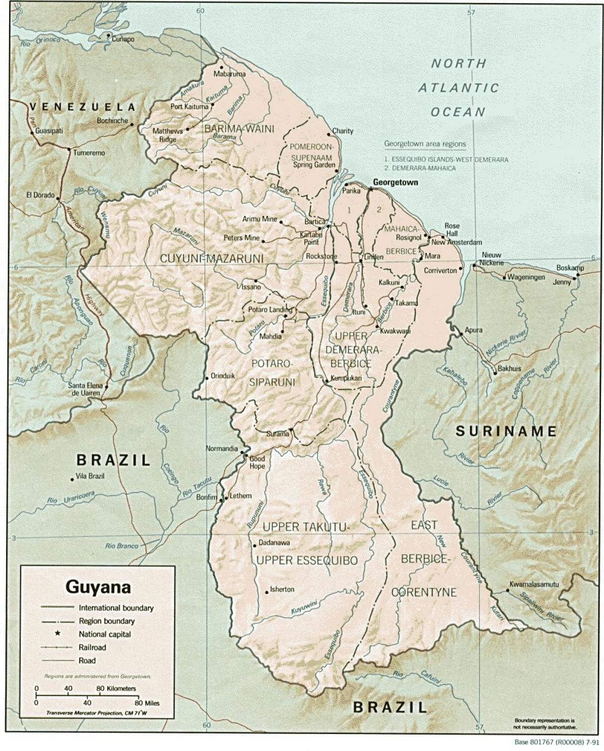 mapa de Guyana, que muestra los tres condados