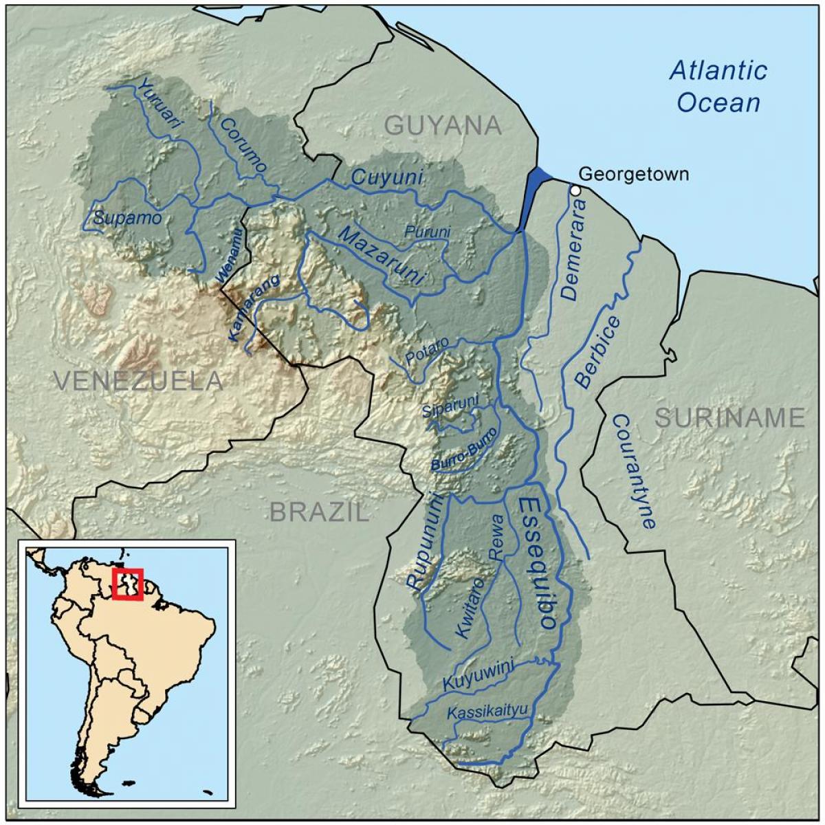 mapa de Guyana, que muestra los tres principales ríos