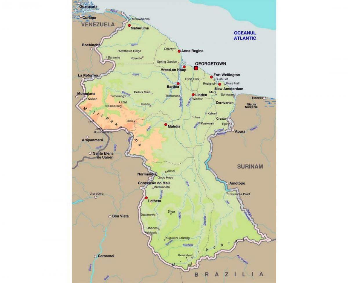 mapa de Guyana mostrando los pueblos