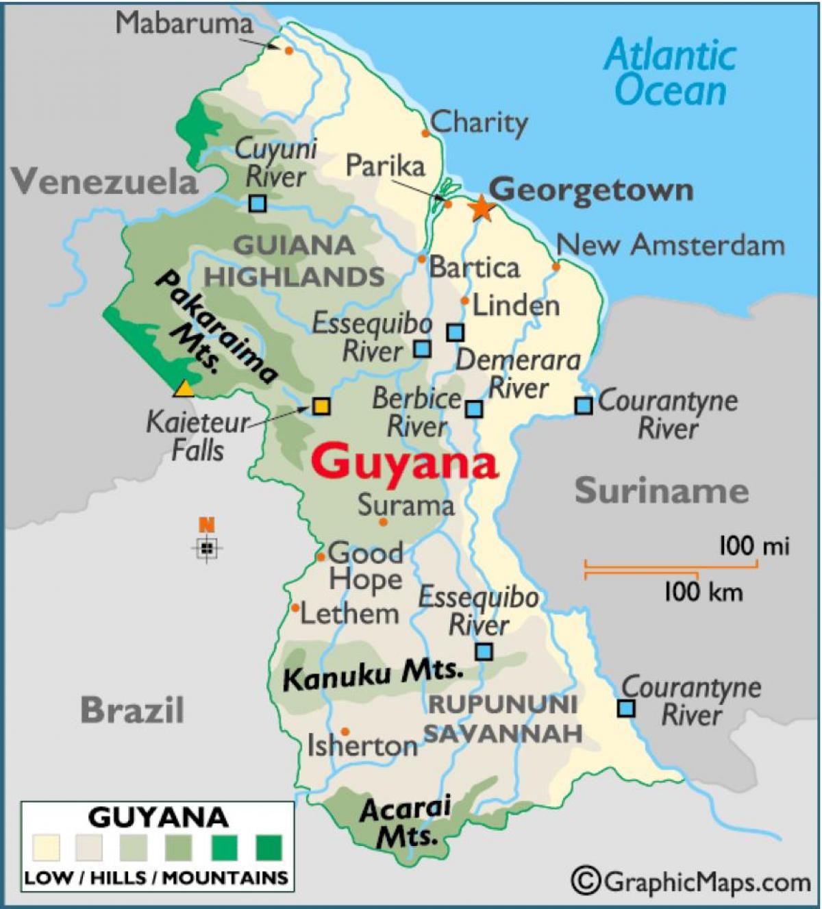 mapa de Guyana mostrando los rangos de la montaña