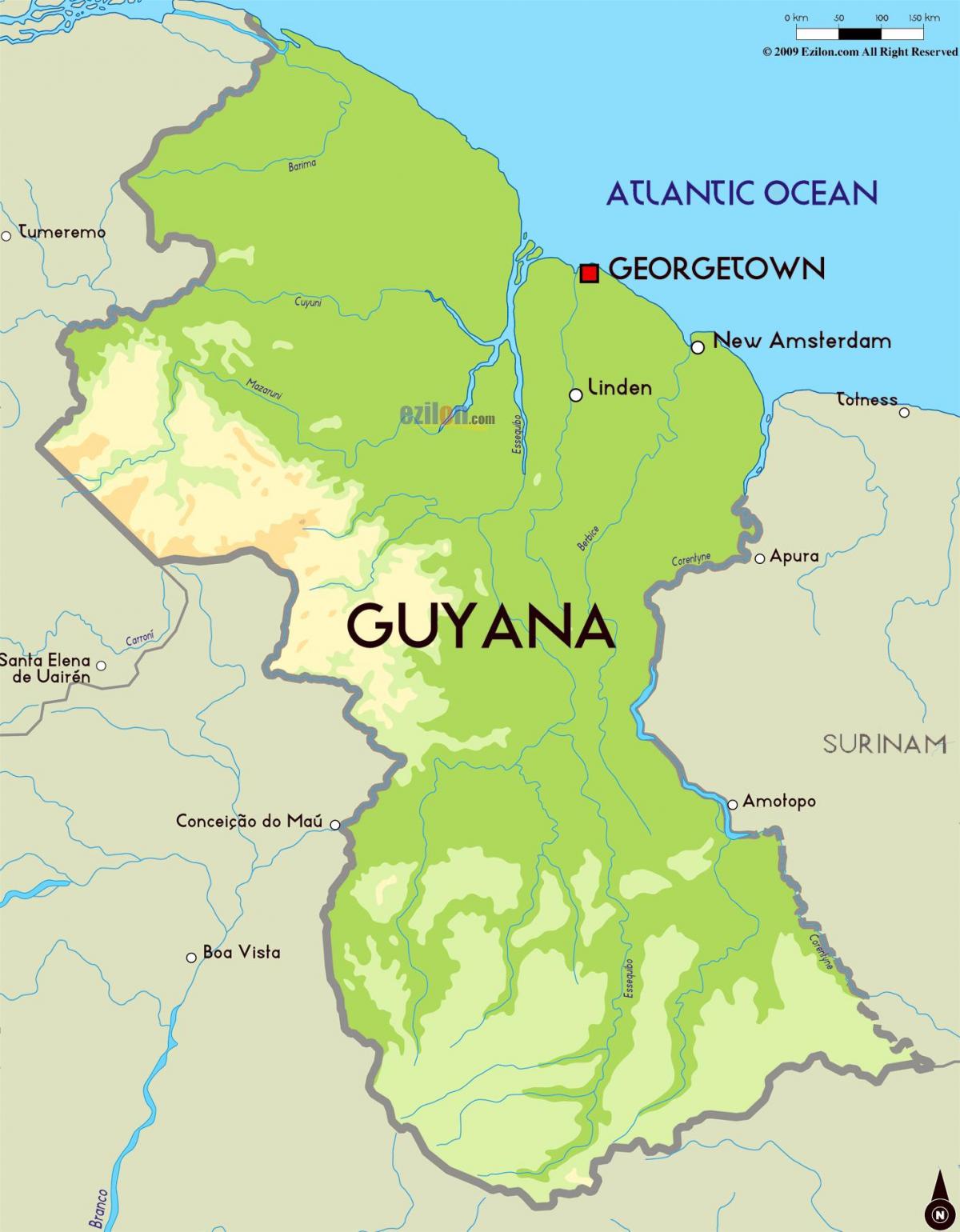 mapa de mapa físico de Guyana