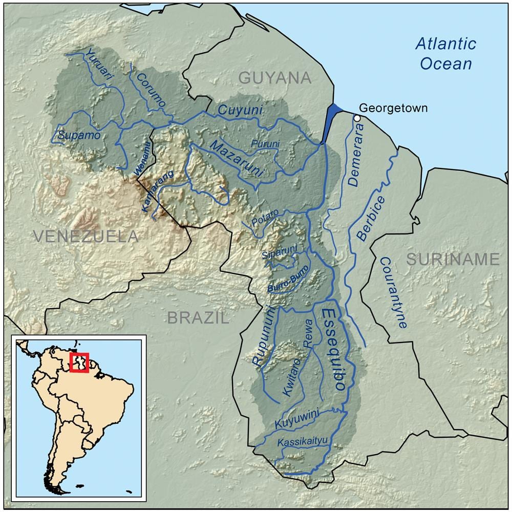 mapa de Guyana mostrando los ríos