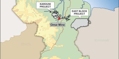 Mapa de Guyana, mostrando los recursos minerales
