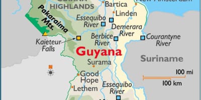 Mapa de Guyana mostrando los rangos de la montaña
